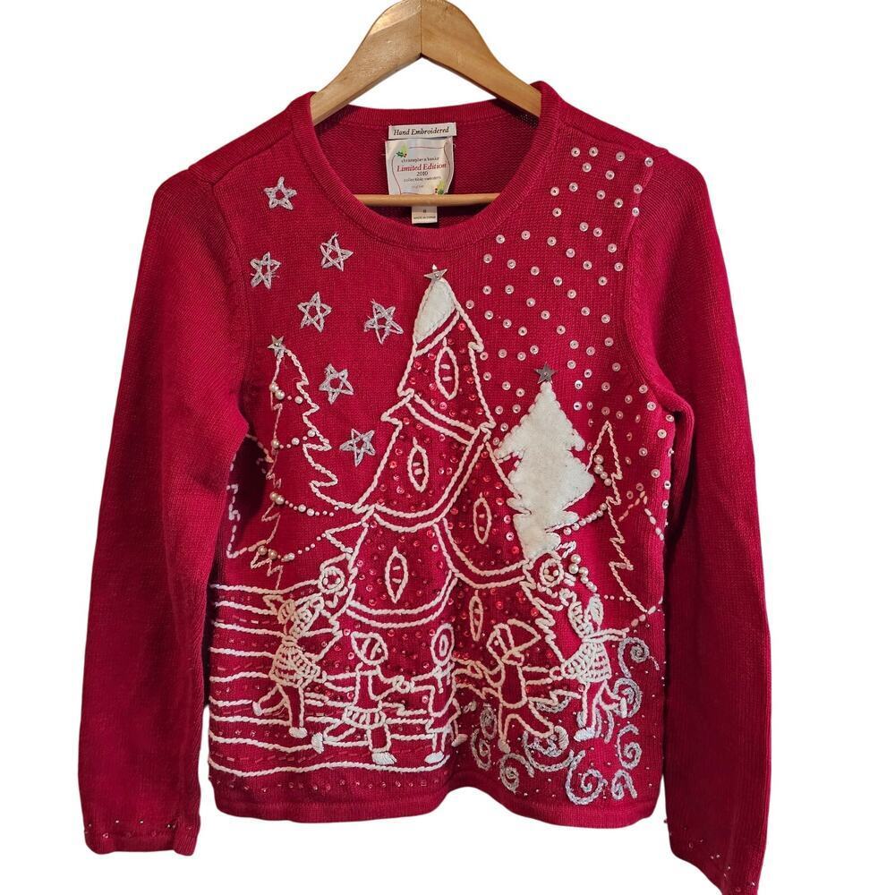 Christmas Sweater Women Small Red Beaded Winter Scene Family Holiday Party Retro